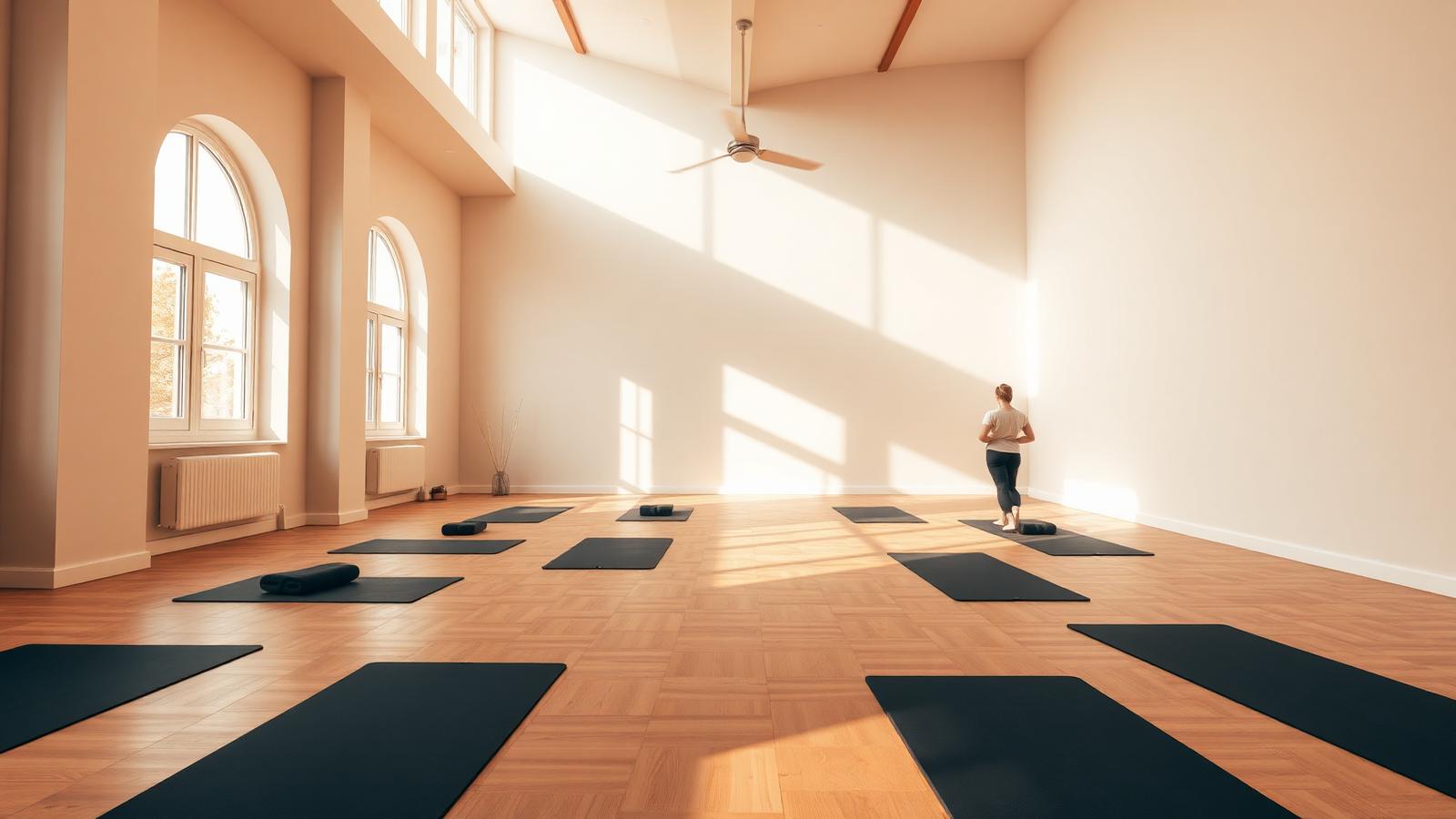 Sala di uno studio yoga con tappetini e luce naturale